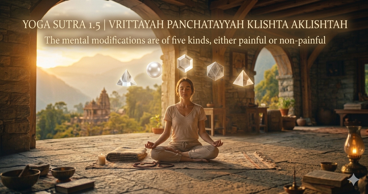 Yoga Sutra 1.5 — The Five Modifications of the Mind  “Vrittayah Panchatayyah Klishta Aklishtaah.”